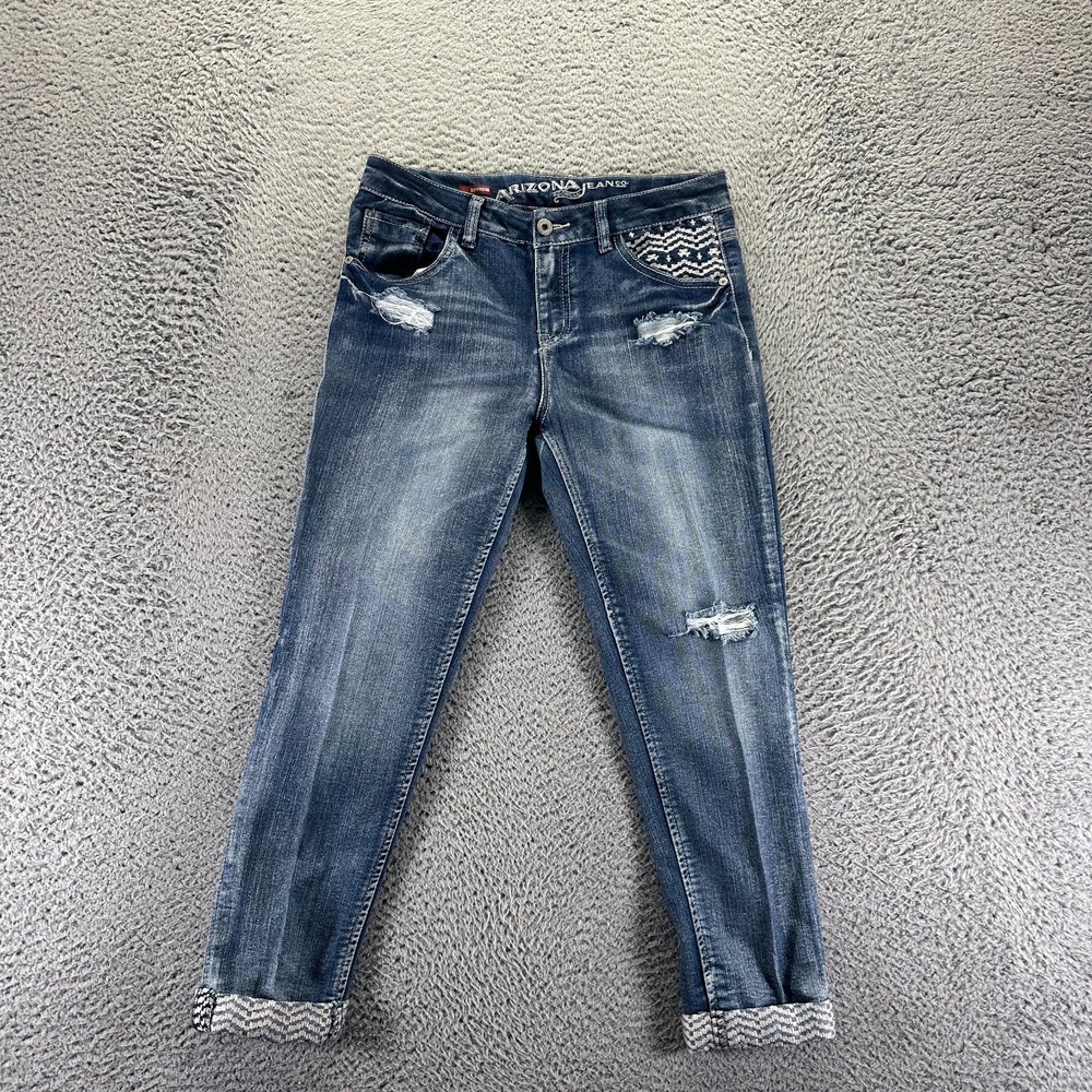 Arizona Jeans Womens 16 Blue Cotton Denim Boyfriend Cropped Faded Travel Stretch